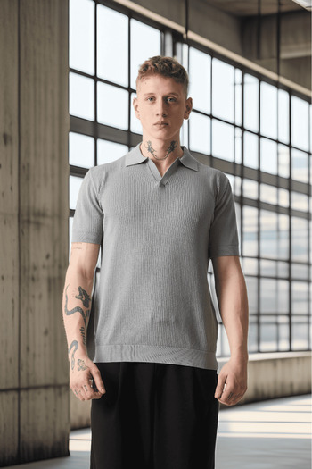 Valiberta Ανδρικό T-Shirt με πλεκτό σχέδιο με γιακά πόλο βισκόζης - Γκρι