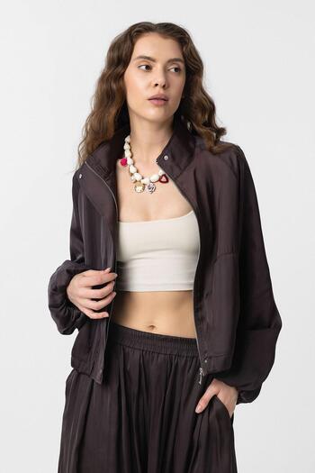 Antioch Brown Stand Collar Slim Women's Bomber Jacket