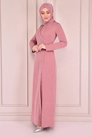 ModaMerve Φόρεμα Dusty Rose Stone Detailed - Asm2459