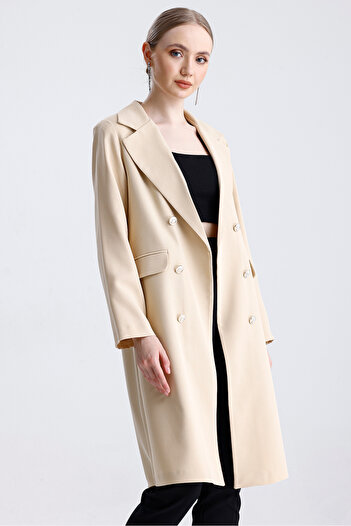 MD trend Kadın Düğme Detaylı Astarlı Uzun Oversize Blazer Ceket