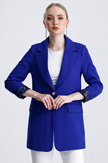 MD trend Women's Leopard Detailed Buttoned Lined Padded Blazer Jacket