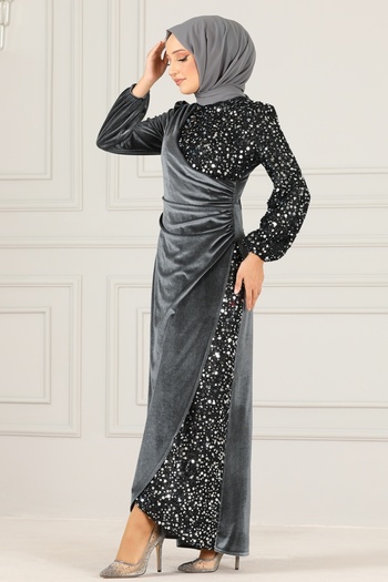 ModaMerve Anthracite Sequined Velvet Evening Dress - ASM2638