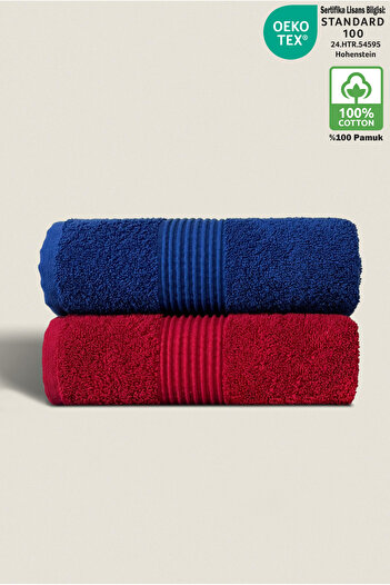 Ellaline Towel Set of 2 100% Cotton Certified Hand Face Kitchen Towel 50X90Cm Claret Red - Navy Blue