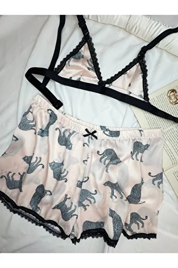 ROZENİN LINGERIE Large Leopard Print Satin Bralet Shorts Pajama Set