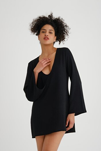 Store %100 Pamuk V Yaka Uzun Kollu Mini Elbise
