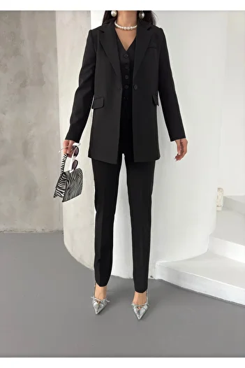 MYGİYİMİSTANBUL Jacket Vest Slim Leg Pants Waist Elastic Detail 3 Piece Suit