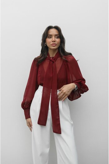 Havoş Burgundy Chiffon Blouse with Tie Collar