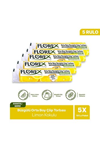 Florex Avantaj Seri Limon Kokulu Büzgülü Orta Boy Çöp Poşeti X 5 Rulo