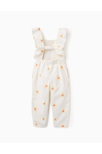 Ziddy Cotton and Linen Jumpsuit with Flowers and Crochet for Girls, White