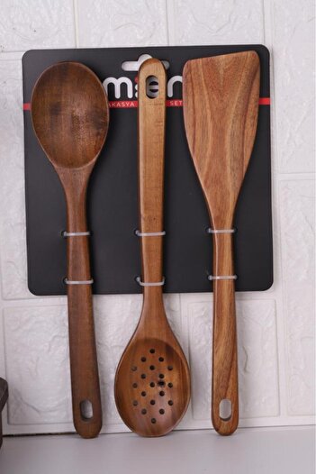 DORRY HOME Acacia Wood 3-Piece Kitchen Spoon Set Perforated Spoon Mixing Spoon and Spatula