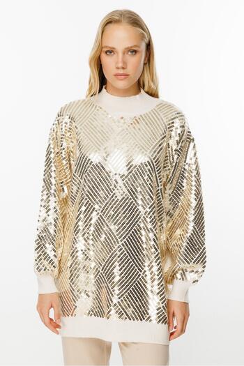 Ghisa Half Fisherman Sequined Knitwear Tunic - Ecru