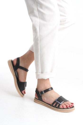 Limeo Straw Striped Silver Buckle Comfortable Low Flat Sole Summer Women's Black Sandals Slippers