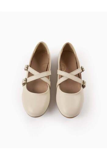 Ziddy Leather Buckled Ballerina Shoes for Girls, Beige