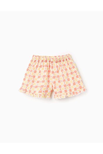 Ziddy Cotton Shorts with Motif and Frills for Girls, Yellow/Orange