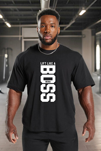BESSA Ανδρικό μπλουζάκι Lift Like Printed Μαύρο Oversize Crew Neck Cotton Athlete T-shirt