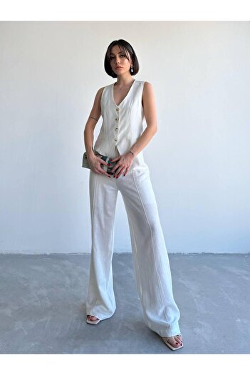 My Blog White Lavin 100% Cotton Linen Vest-Pants Suit - 8347