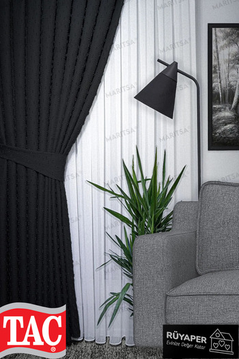 Taç Dream Linen Series Grammage Pompom Pattern Smoked Color Background Curtain Frequent Pleat Single Wing