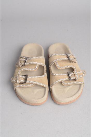 SEÇ KUNDURA Seç 8043 Genuine Leather Stone Women's Slippers Beige Suede