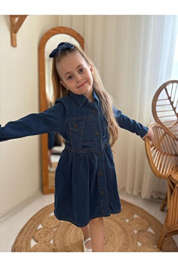 BERFONZO KIDS Kız Çocuk Kol Detay Denim Kot Elbise