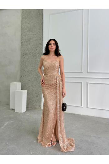 Serica Moda الذهب الحبيب خط العنق حمالة الديكور الشق فستان سهرة