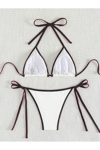 poswicon White Bikini Women's Pet Siz Halter Curled Edge Detail Bikini Set with Strap, Two Piece Bikini