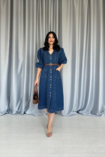 buğrahayalin Blue Balloon Sleeve Denim Dress