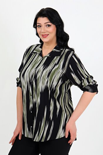 By Alba Collection Women's Khaki Patterned Cotton Viscose Large Size Shirt