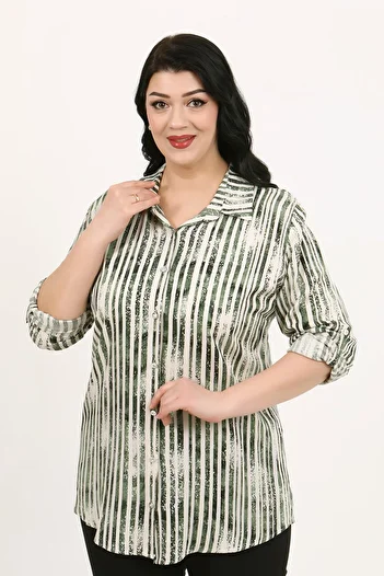 By Alba Collection Women's Khaki Patterned Cotton Viscose Large Size Shirt