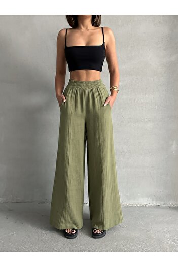 BEJNA Women's Khaki Muslin Loose Cut Trousers
