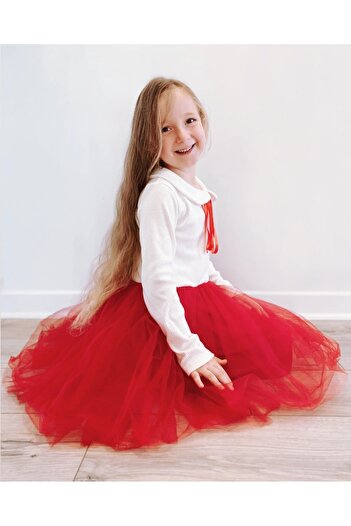 Şirin Şeyler Butiği Perla Long Sleeve Girl's Princess Fluffy Tutu Dress Baby Collar Flexible Lycra Red White