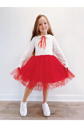 Şirin Şeyler Butiği Perla Long Sleeve Girl's Princess Fluffy Tutu Dress Baby Collar Flexible Lycra Red White