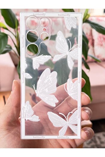 Fibaks Samsung Galaxy S23 Ultra Case Transparent Butterfly Design Patterned Camera Protection Silicone Cover