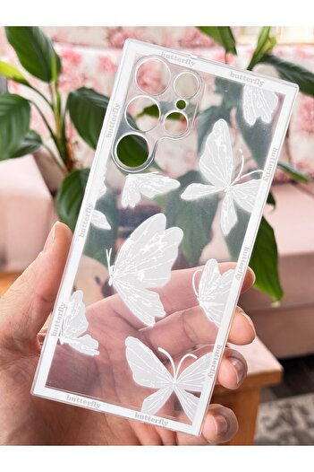 Fibaks Samsung Galaxy S24 Ultra Case Transparent Butterfly Design Patterned Camera Protection Silicone Cover