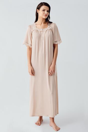 Artış Lace Buttoned Short Sleeve Stretchy Viscose Long Nightgown