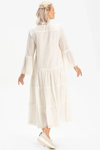 Eliş Şile Bezi Long Sleeve Voile Şeyma Long Dress Cream Red
