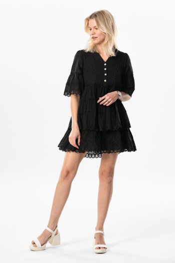 Eliş Şile Bezi Short Sleeve Voile Şebnem Lace Short Summer Dress Black Syh