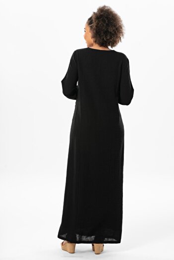 Eliş Şile Bezi Long Sleeve Izel Long Summer Muslin Dress Black Syh