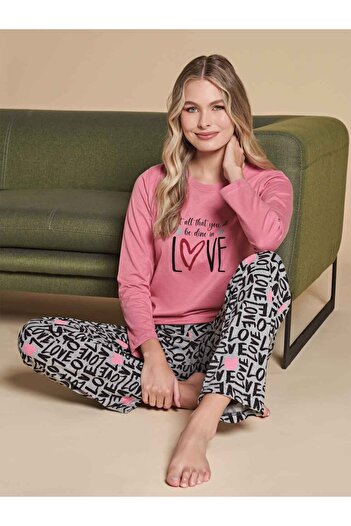 Over Sleep by Poleren Gül Kurusu Renkli Sıfır Yaka Uzun Kollu Kadın Pijama Takımı