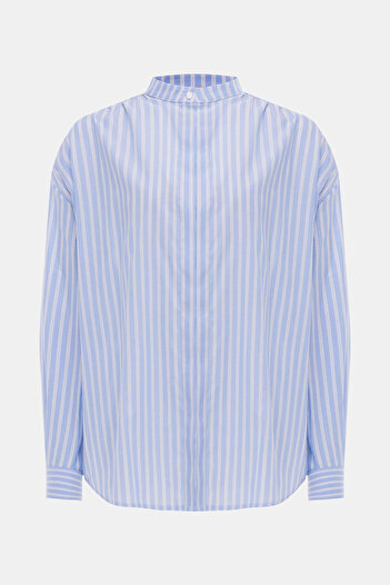 W Collection MAVİ HAKİM YAKA UZUN KOLLU ÇİZGİLİ GÖMLEK
