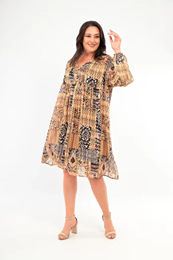 MAMAYAGA Women's V-Neck Fold A-Line Plus Size Print Sports Stylish Plus Size Long Sleeve Curve Dress