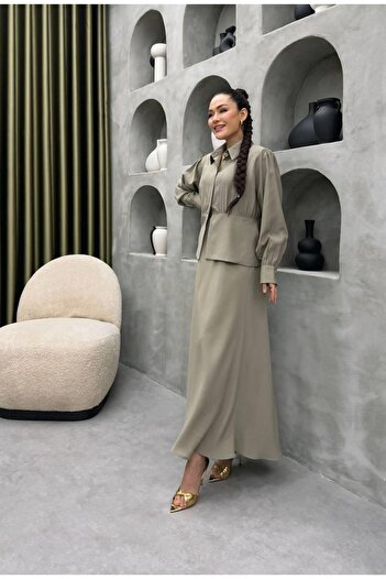 Cardella Premium Quality Tncl (Thin Jean) Fabric Button Detailed Double Suit Hijab Matching Shirt Skirt Double Ta