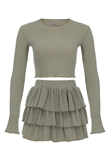 La Sarta Women's Sugar And Spice Water Green Soft Ribbed Shorts Skirt Top Set