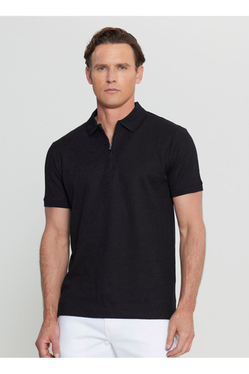 ALTINYILDIZ CLASSICS Altınyıldız Classics Zipper Collar Jacquard Black Men's T-Shirt Ace091252339_Syh