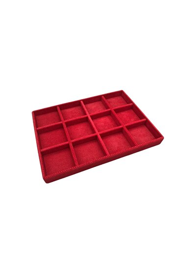 MeGass Dekor Domestic Production Linen Fabric Red Color 34 Cm / 24 Cm 12 Compartment Drawer Inside Jewelry Stand