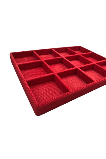 MeGass Dekor Domestic Production Linen Fabric Red Color 34 Cm / 24 Cm 12 Compartment Drawer Inside Jewelry Stand