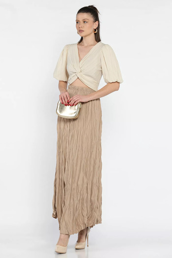 GÜLSELİ Beige Women's Elastic Waist Crinkle Voile Skirt