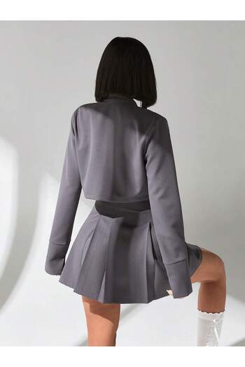 Purpleclo Gray Pocket Detail Crop Jacket Mini Skirt Set