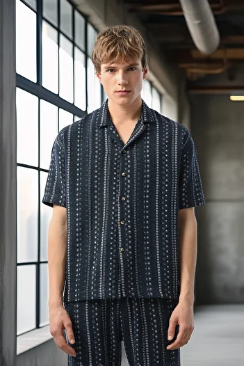 Valiberta Bohemian Striped Knitted Fabric Men's Shirt - Petrol