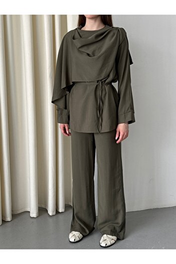 Laluvia Khaki Drape Collar Blouse Trousers Set - 8625