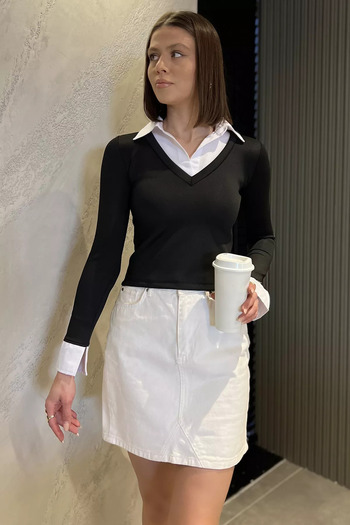 GÜLSELİ Black Women's Shirt Garnished Crop Blouse